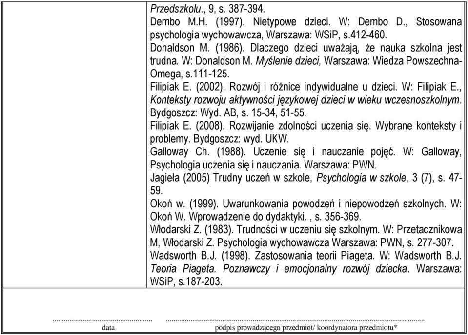 W: Filipiak E., Konteksty rozwoju aktywności językowej dzieci w wieku wczesnoszkolnym. Bydgoszcz: Wyd. AB, s. 15-34, 51-55. Filipiak E. (2008). Rozwijanie zdolności uczenia się.