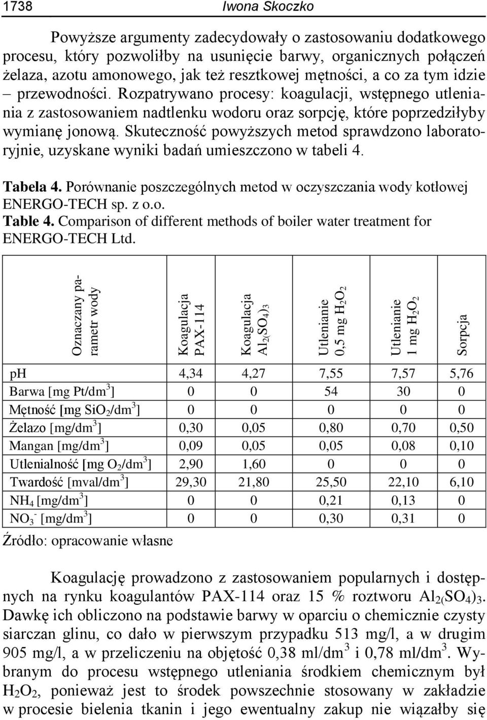 Rozpatrywano procesy: koagulacji, wstępnego utleniania z zastosowaniem nadtlenku wodoru oraz sorpcję, które poprzedziłyby wymianę jonową.