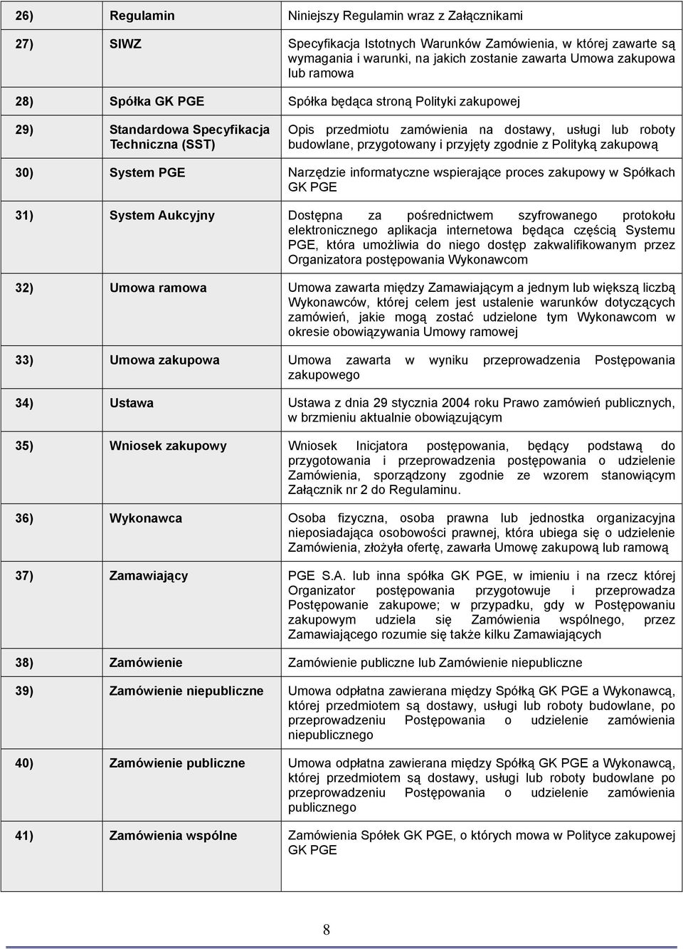 przyjęty zgodnie z Polityką zakupową 30) System PGE Narzędzie informatyczne wspierające proces zakupowy w Spółkach GK PGE 31) System Aukcyjny Dostępna za pośrednictwem szyfrowanego protokołu