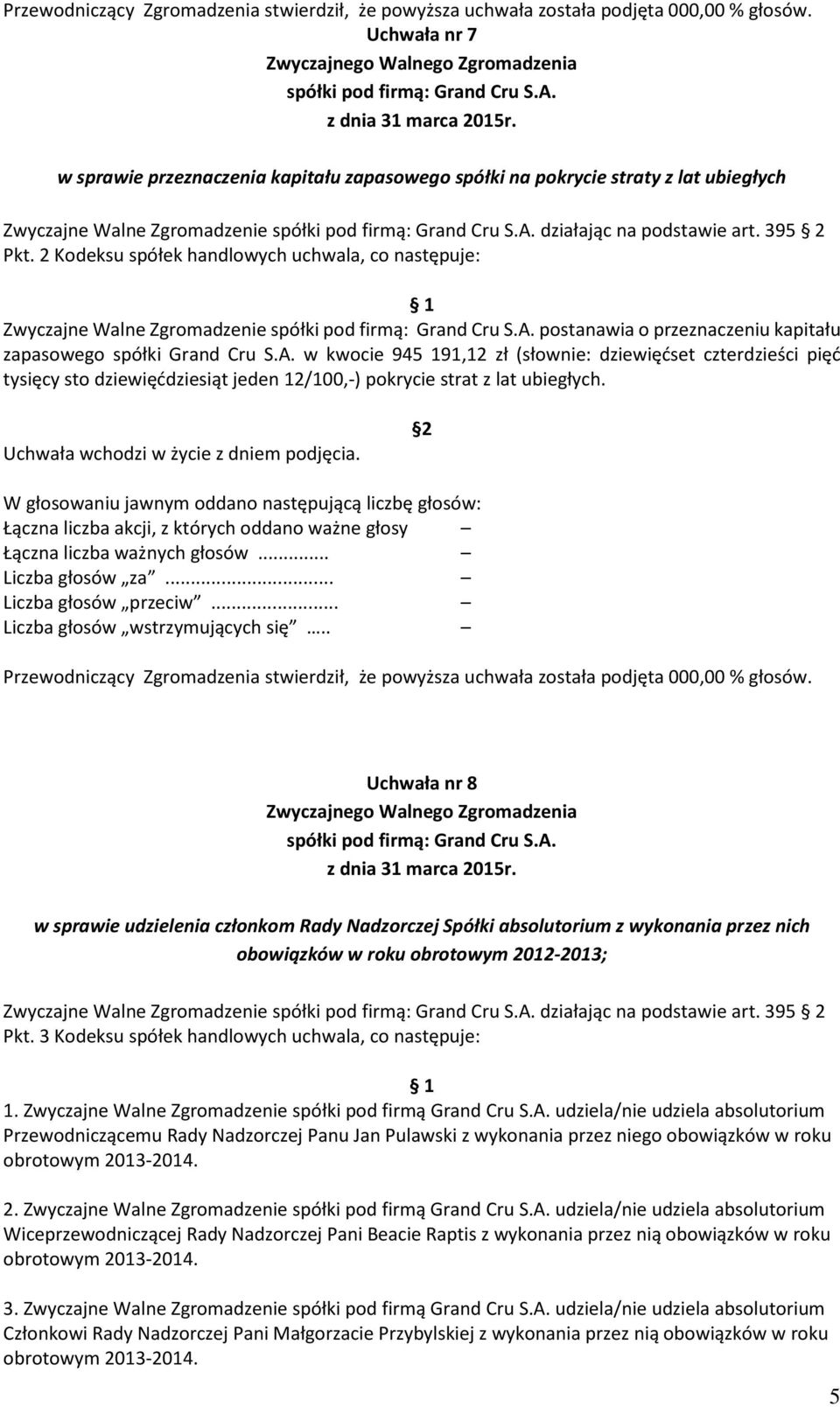 2 Kodeksu spółek handlowych uchwala, co następuje: Zwyczajne Walne Zgromadzenie postanawia o przeznaczeniu kapitału zapasowego spółki Grand Cru S.A.