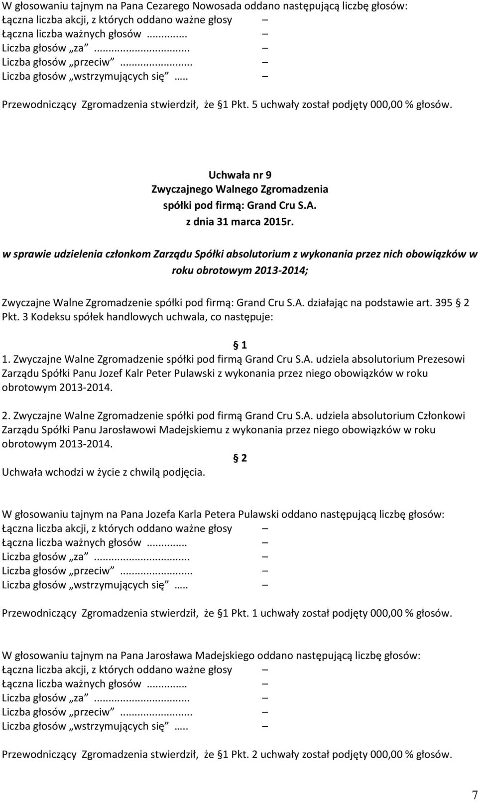 3 Kodeksu spółek handlowych uchwala, co następuje: 1. Zwyczajne Walne Zgromadzenie spółki pod firmą Grand Cru S.A.