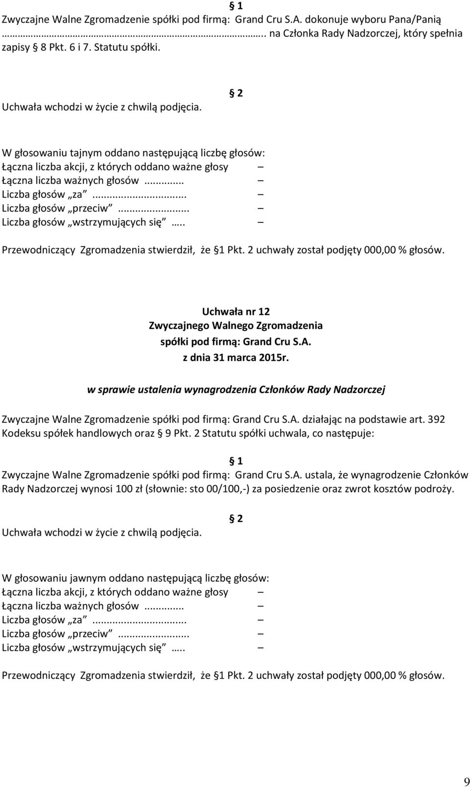 Walne Zgromadzenie działając na podstawie art. 392 Kodeksu spółek handlowych oraz 9 Pkt.