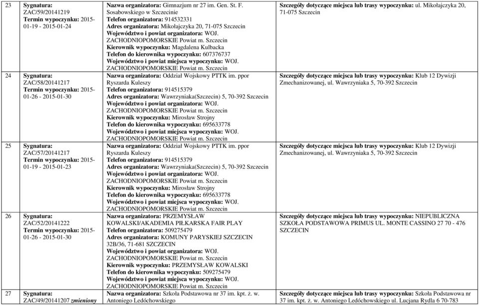 Sosabowskiego w Szczecinie Telefon organizatora: 914532331 Adres organizatora: Mikołajczyka 20, 71-075 Szczecin Kierownik wypoczynku: Magdalena Kulbacka Telefon do kierownika wypoczynku: 607376737