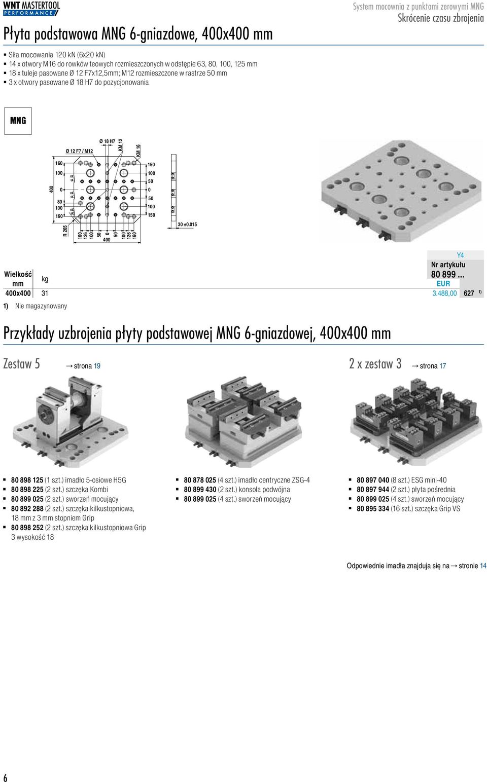 488, 8899627 1) Nie magazynowany Przykłady uzbrojenia płyty podstawowej 6-gniazdowej, 4x4 Zestaw 5 strona 19 2 x zestaw 3 strona 17 1) 8 898 125 (1 szt.) imadło 5-osiowe H5G 8 898 225 (2 szt.