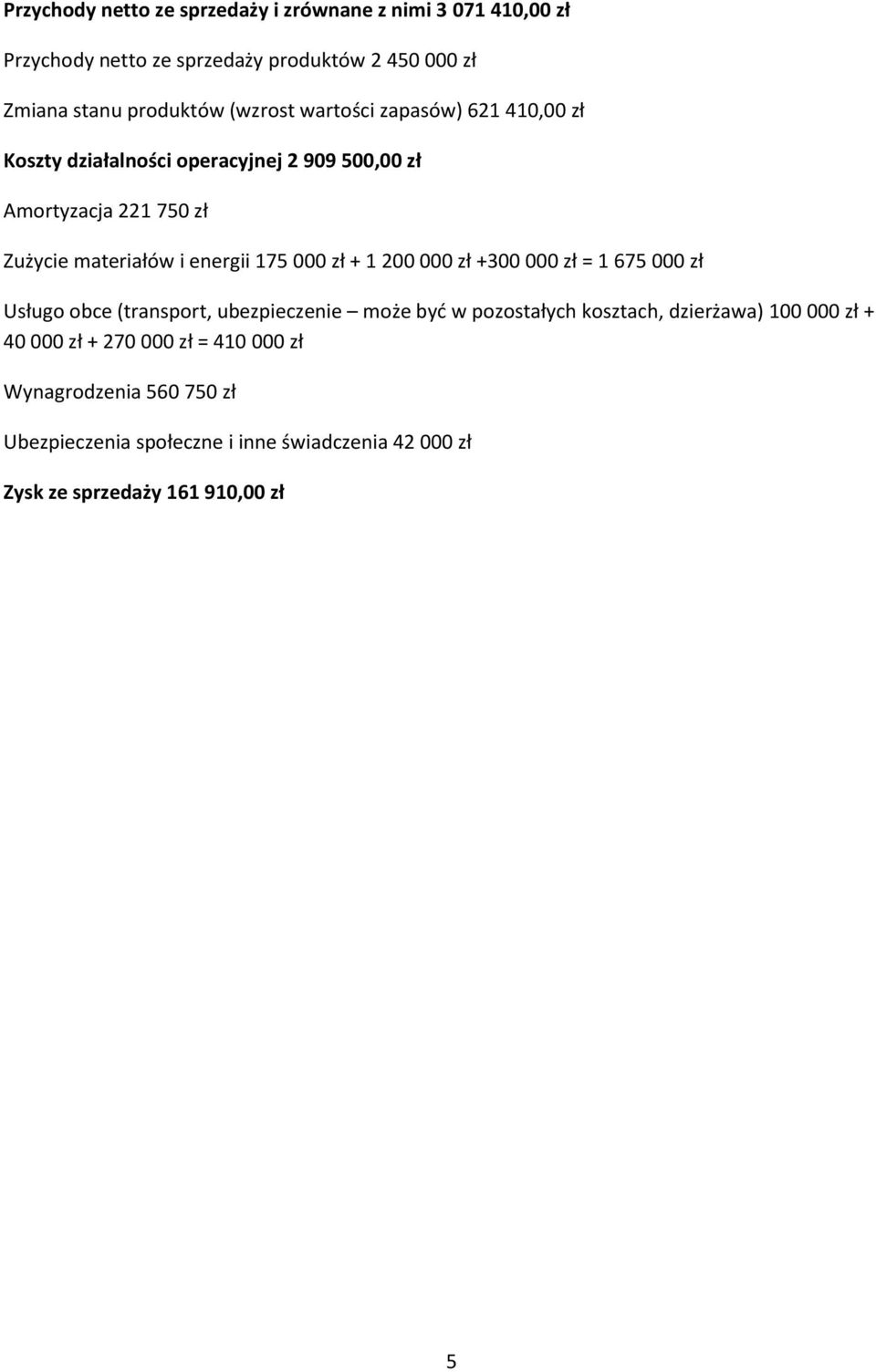 000 zł + 1 200 000 zł +300 000 zł = 1 675 000 zł Usługo obce (transport, ubezpieczenie może byd w pozostałych kosztach, dzierżawa) 100 000 zł +