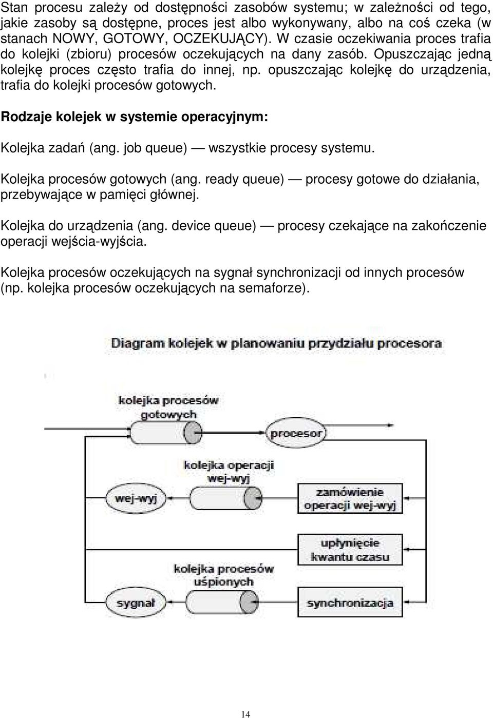 opuszczając kolejkę do urządzenia, trafia do kolejki procesów gotowych. Rodzaje kolejek w systemie operacyjnym: Kolejka zadań (ang. job queue) wszystkie procesy systemu.