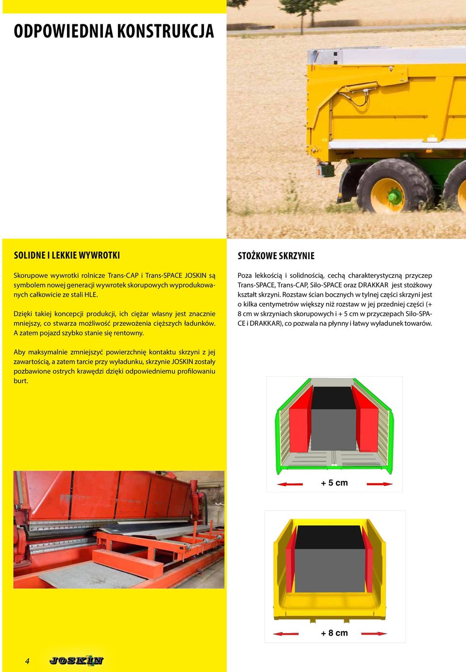 STOŻKOWE SKRZYNIE Poza lekkością i solidnością, cechą charakterystyczną przyczep Trans-SPACE, Trans-CAP, Silo-SPACE oraz DRAKKAR jest stożkowy kształt skrzyni.