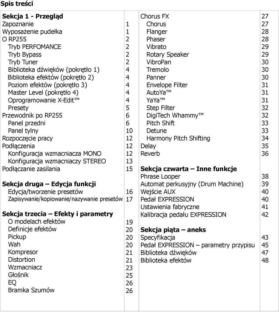 Podłączanie zasilania Sekcja druga Edycja funkcji Edycja/tworzenie presetów Zapisywanie/kopiowanie/nazywanie presetów Sekcja trzecia Efekty i parametry O modelach efektów Definicje efektów Pickup Wah