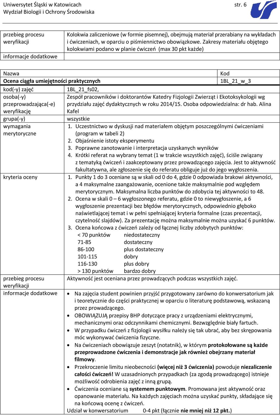 Fizjologii Zwierząt i Ekotoksykologii wg przydziału zajęć dydaktycznych w roku 2014/15. Osoba odpowiedzialna: dr hab. Alina 1.