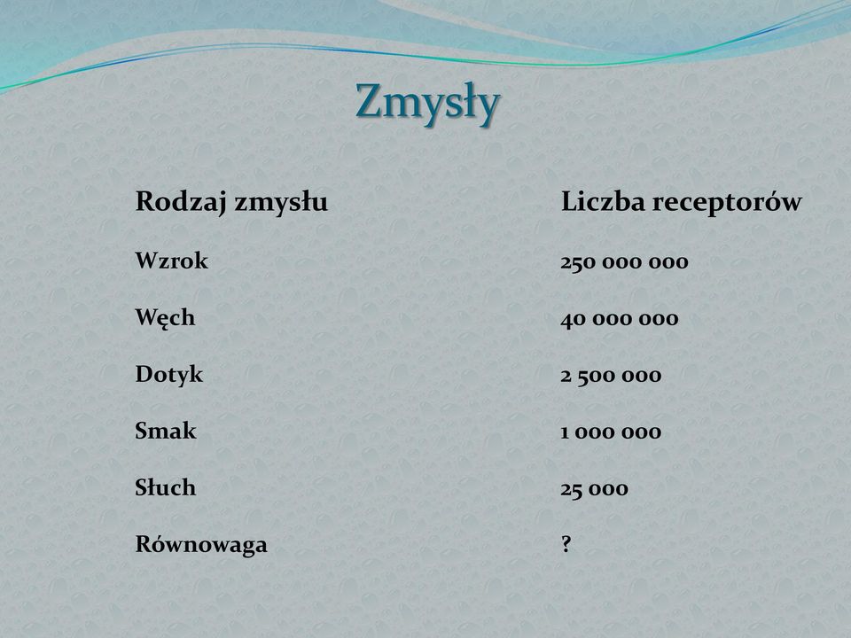 Węch 40 000 000 Dotyk 2 500 000