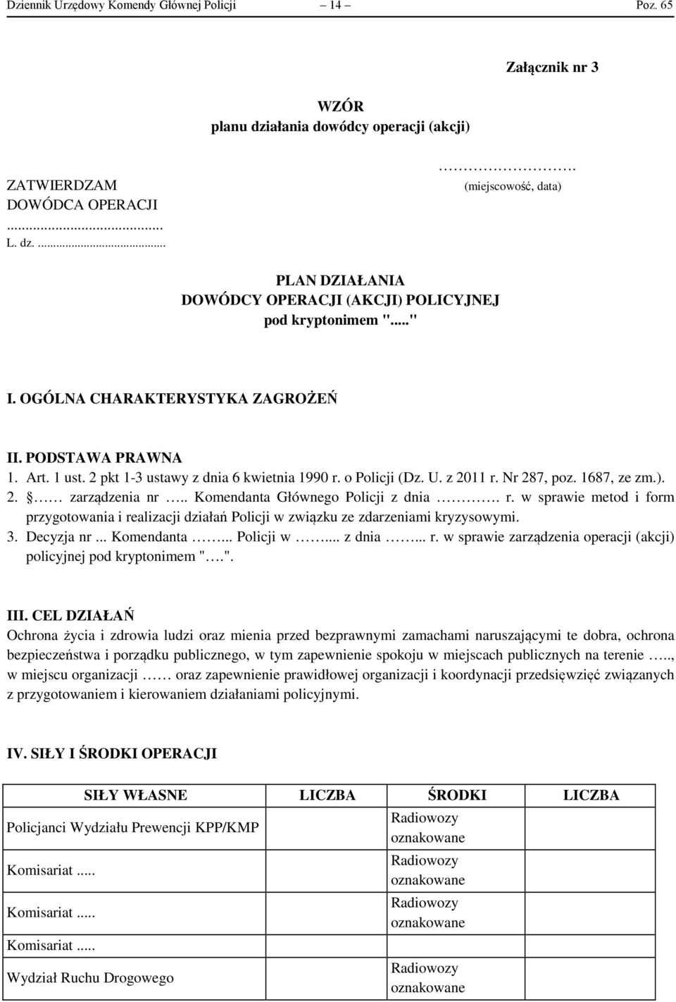 . Komendanta Głównego Policji z dnia. r. w sprawie metod i form przygotowania i realizacji działań Policji w związku ze zdarzeniami kryzysowymi. 3. Decyzja nr... Komendanta... Policji w... z dnia... r. w sprawie zarządzenia operacji (akcji) policyjnej pod kryptonimem ".