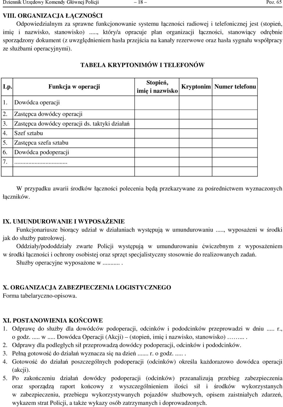 .., który/a opracuje plan organizacji łączności, stanowiący odrębnie sporządzony dokument (z uwzględnieniem hasła przejścia na kanały rezerwowe oraz hasła sygnału współpracy ze służbami operacyjnymi).