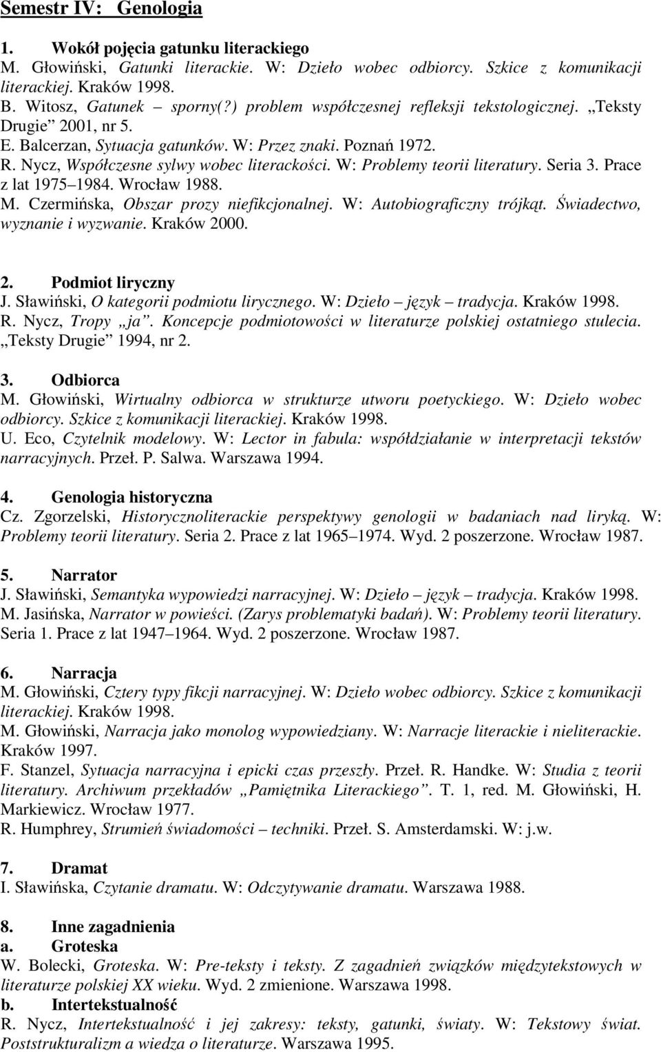 W: Problemy teorii literatury. Seria 3. Prace z lat 1975 1984. Wrocław 1988. M. Czermińska, Obszar prozy niefikcjonalnej. W: Autobiograficzny trójkąt. Świadectwo, wyznanie i wyzwanie. Kraków 20