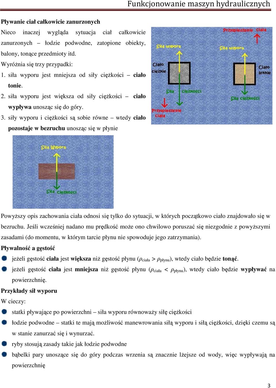 siły wyporu i cięŝkości są sobie równe wtedy ciało pozostaje w bezruchu unosząc się w płynie Funkcjonowanie maszyn hydraulicznych PowyŜszy opis zachowania ciała odnosi się tylko do sytuacji, w