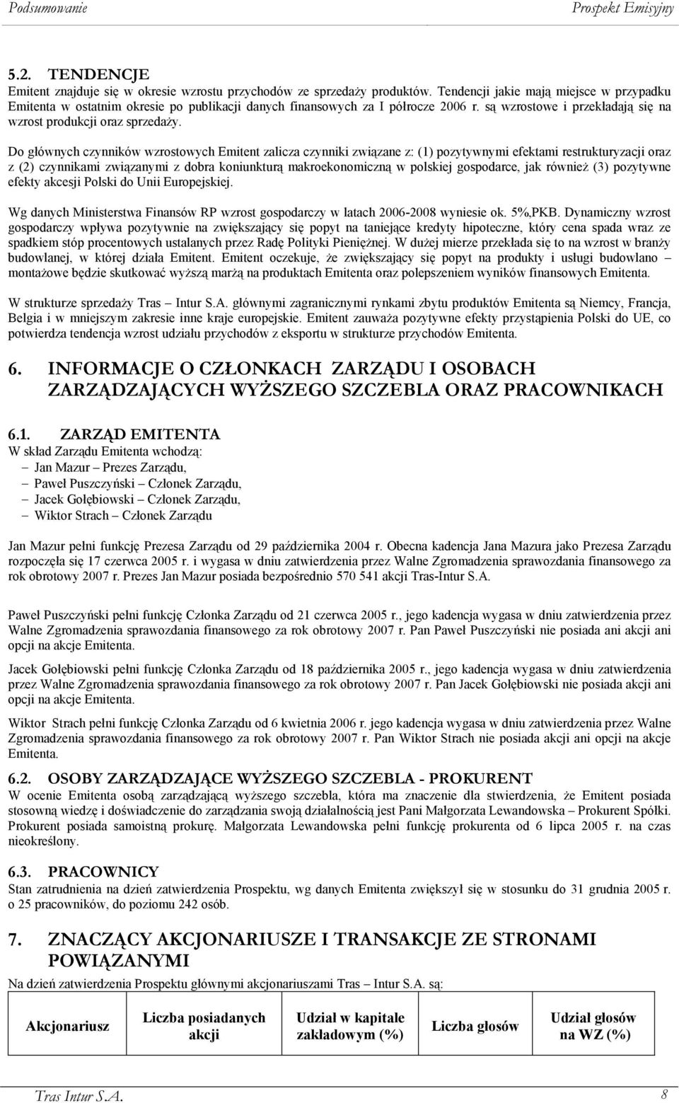 Do głównych czynników wzrostowych Emitent zalicza czynniki związane z: (1) pozytywnymi efektami restrukturyzacji oraz z (2) czynnikami związanymi z dobra koniunkturą makroekonomiczną w polskiej