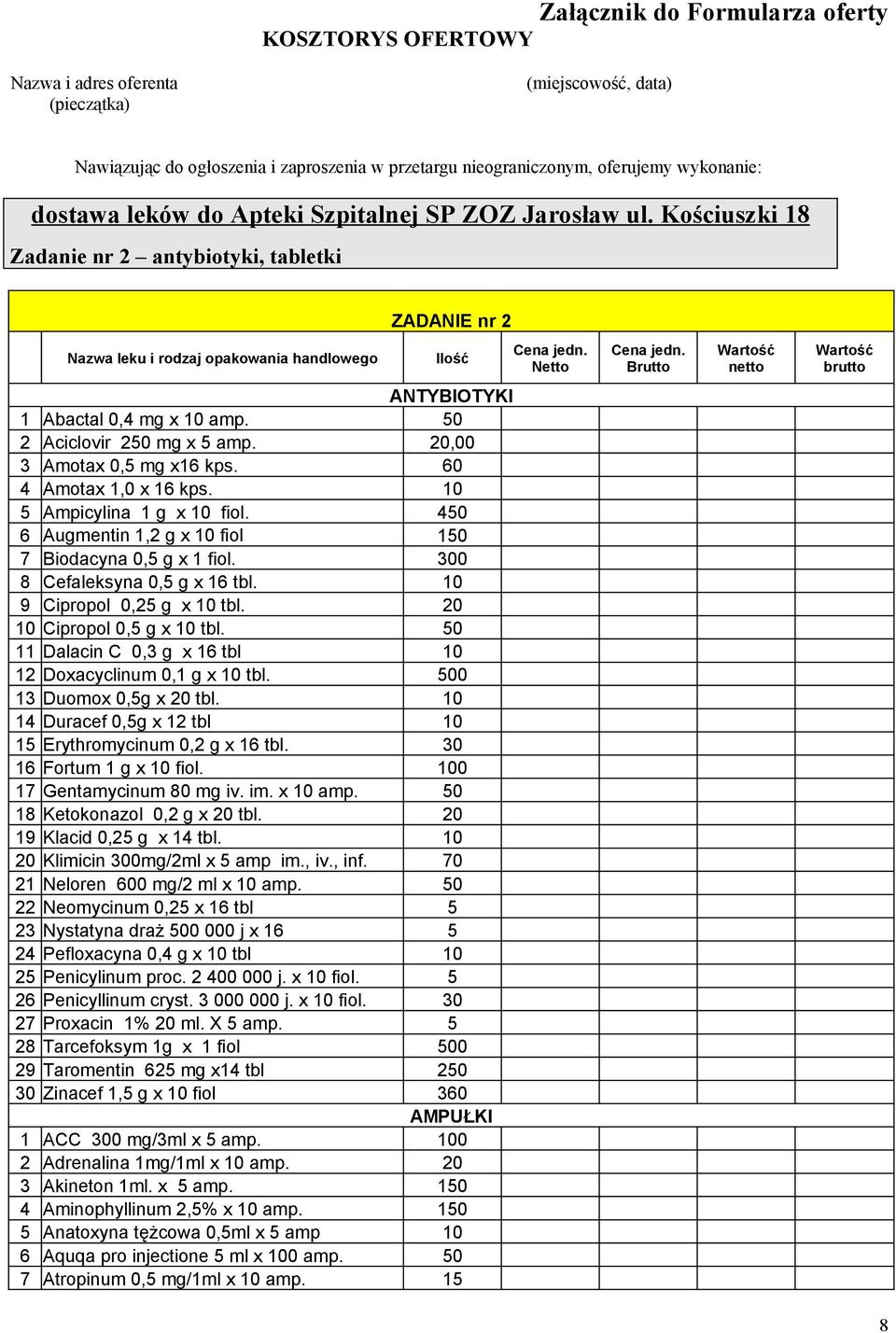 50 2 Aciclovir 250 mg x 5 amp. 20,00 3 Amotax 0,5 mg x16 kps. 60 4 Amotax 1,0 x 16 kps. 10 5 Ampicylina 1 g x 10 fiol. 450 6 Augmentin 1,2 g x 10 fiol 150 7 Biodacyna 0,5 g x 1 fiol.
