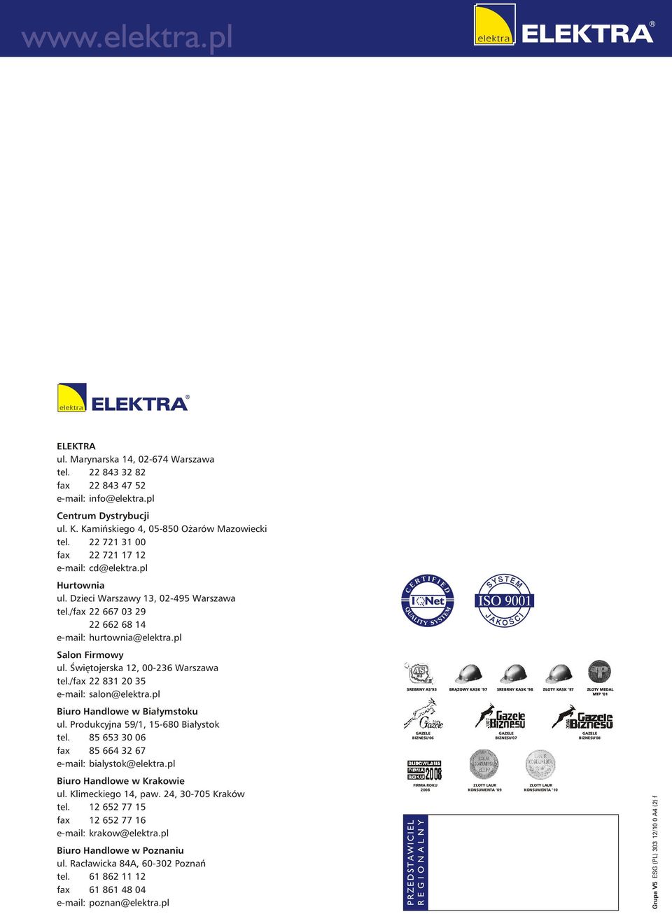 Świętojerska 12, 00-236 Warszawa tel./fax 22 831 20 35 e-mail: salon@elektra.pl SREBRNY AS 93 BRĄZOWY KASK 97 SREBRNY KASK 98 ZŁOTY KASK 97 ZŁOTY MEDAL MTP 01 Biuro Handlowe w Białymstoku ul.