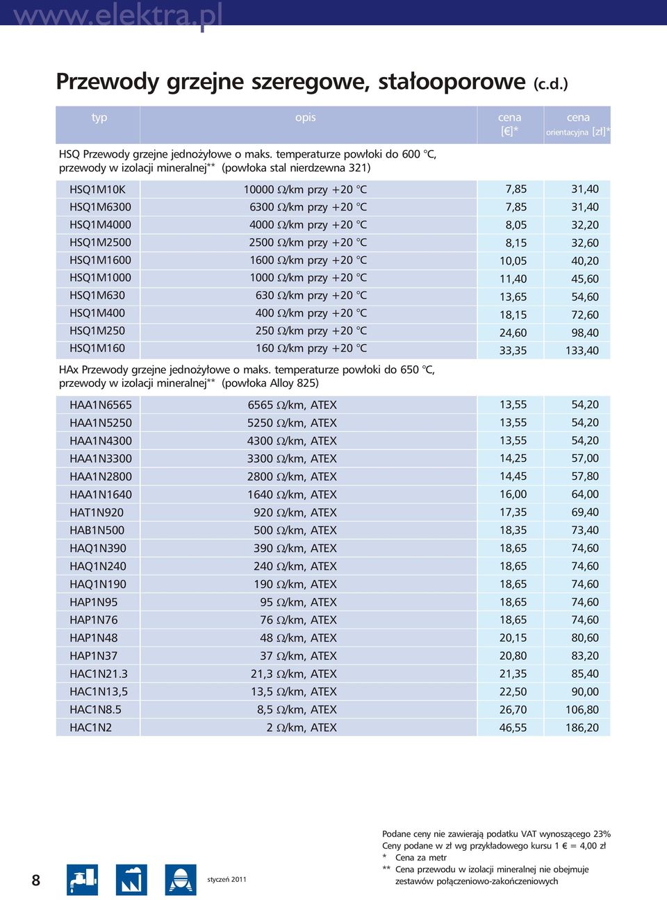 /km przy +20 C HSQ1M1600 1600 /km przy +20 C HSQ1M1000 1000 /km przy +20 C HSQ1M630 630 /km przy +20 C HSQ1M400 400 /km przy +20 C HSQ1M250 250 /km przy +20 C HSQ1M160 160 /km przy +20 C HAx Przewody