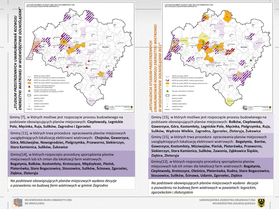 miejscowych uwzględniających lokalizację elektrowni wiatrowych: Chojnów, Gaworzyce, Góra, Mściwojów, Nowogrodziec, Pielgrzymka, Przeworno, Siekierczyn, Stara Kamienica, Sulików, Żukowice Gminy[14], w