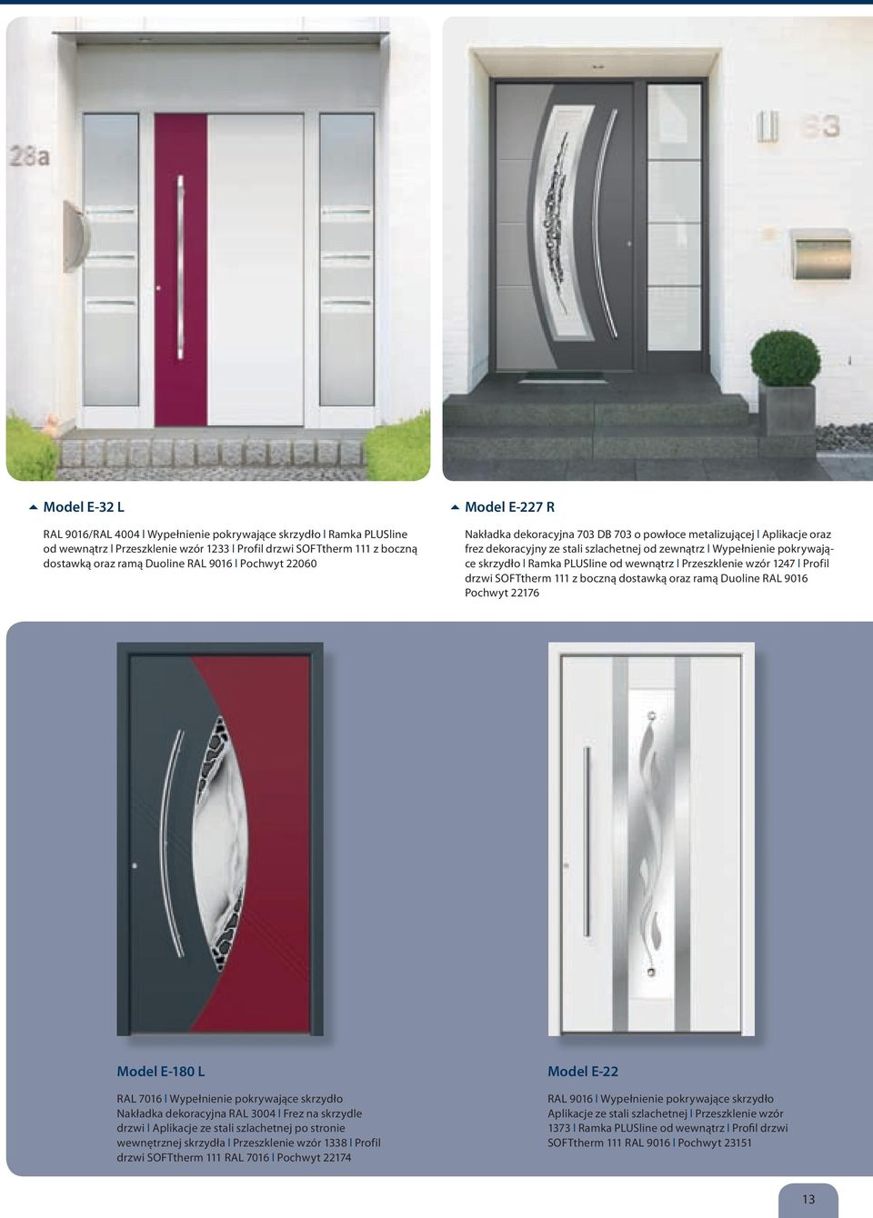 plusline od wewnątrz l przeszklenie wzór 1247 l profil drzwi SoFTtherm 111 z boczną dostawką oraz ramą Duoline RAL 9016 pochwyt 22176 Model E-180 L RAL 7016 l Wypełnienie pokrywające skrzydło
