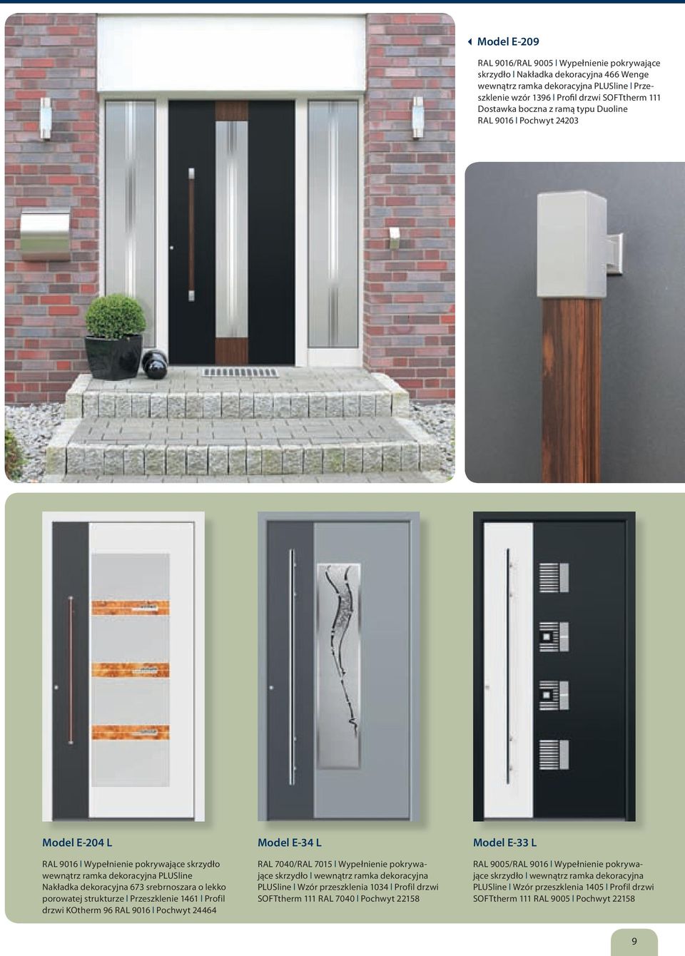 porowatej strukturze l przeszklenie 1461 l profil drzwi kotherm 96 RAL 9016 l pochwyt 24464 Model E-34 L RAL 7040/RAL 7015 l Wypełnienie pokrywające skrzydło l wewnątrz ramka dekoracyjna plusline l