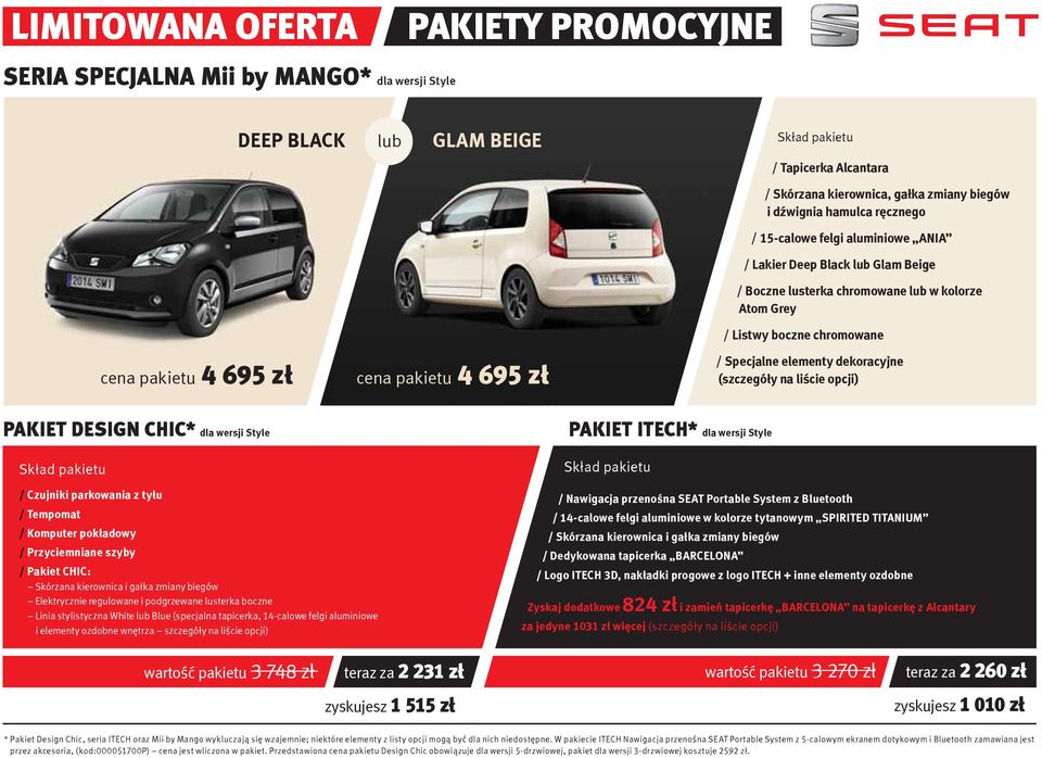pakietu 4 695 zł / Specjalne elementy dekoracyjne (szczegóły na liście opcji) PAKIET DESIGN CHIC* dla wersji Style Skład pakietu PAKIET ITECH* dla wersji Style Skład pakietu / Czujniki parkowania z