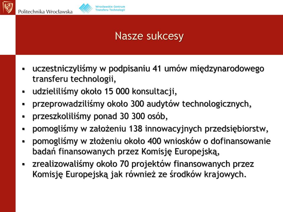 założeniu 138 innowacyjnych przedsiębiorstw, pomogliśmy w złożeniu około 400 wniosków o dofinansowanie badań finansowanych