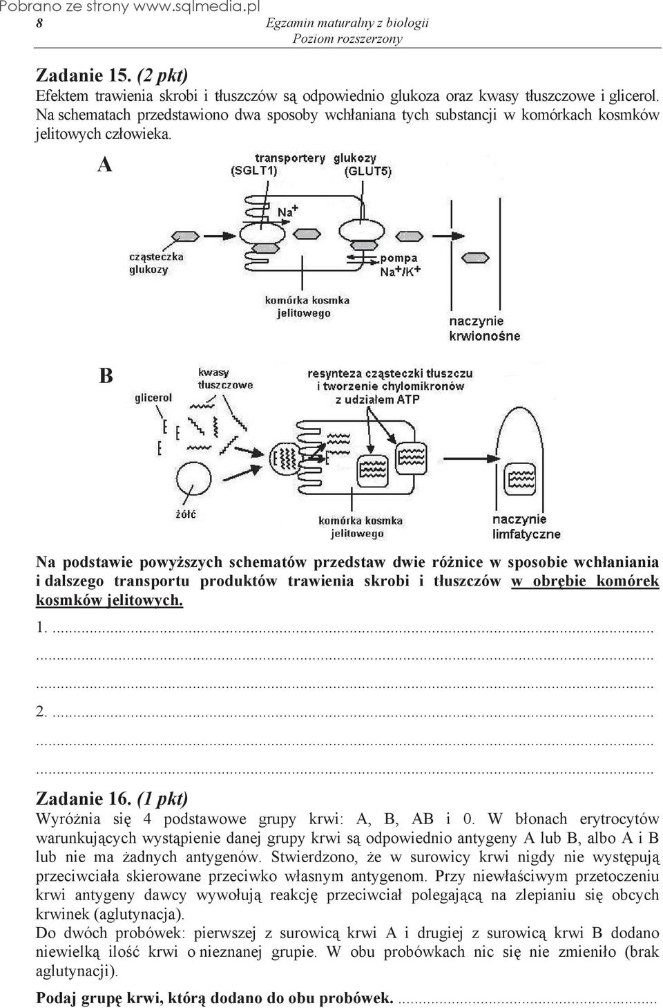 A B Na podstawie powy szych schematów przedstaw dwie ró nice w sposobie wch aniania i dalszego transportu produktów trawienia skrobi i t uszczów w obr bie komórek kosmków jelitowych. 1.......... 2.