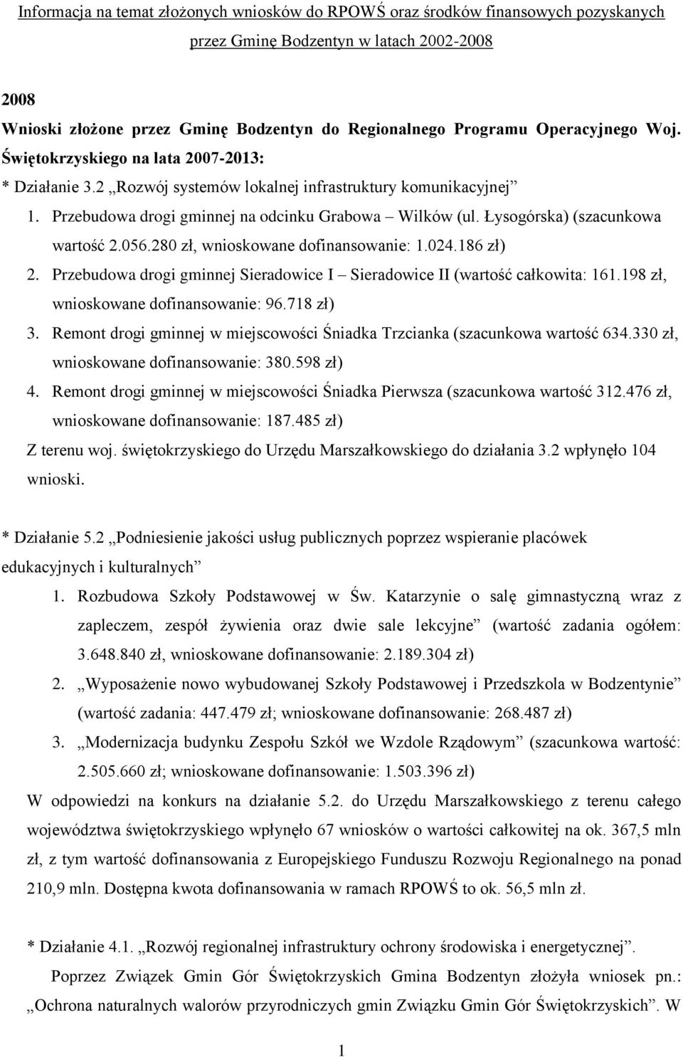 Łysogórska) (szacunkowa wartość 2.056.280 zł, wnioskowane dofinansowanie: 1.024.186 zł) 2. Przebudowa drogi gminnej Sieradowice I Sieradowice II (wartość całkowita: 161.