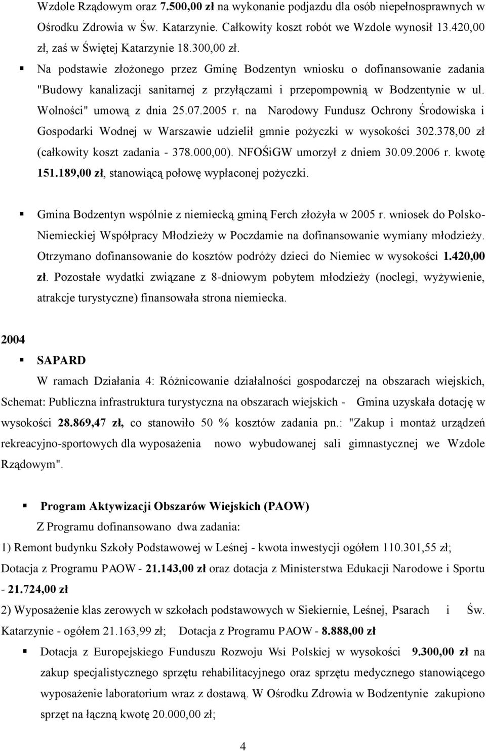 2005 r. na Narodowy Fundusz Ochrony Środowiska i Gospodarki Wodnej w Warszawie udzielił gmnie pożyczki w wysokości 302.378,00 zł (całkowity koszt zadania - 378.000,00). NFOŚiGW umorzył z dniem 30.09.