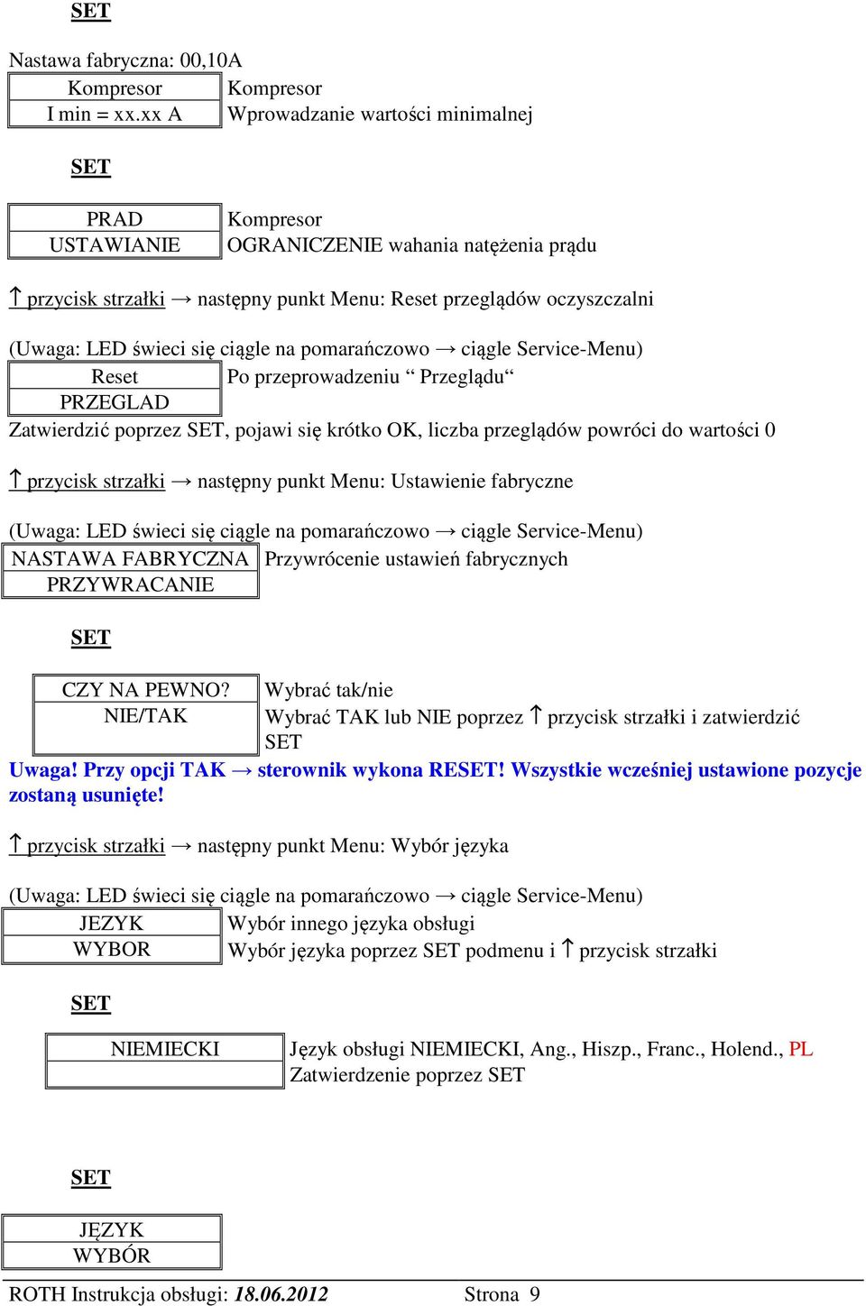 PRZEGLAD Zatwierdzić poprzez, pojawi się krótko OK, liczba przeglądów powróci do wartości 0 przycisk strzałki następny punkt Menu: Ustawienie fabryczne NASTAWA FABRYCZNA Przywrócenie ustawień