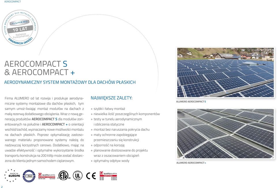 obciążenia. Wraz z nową generacją produktów AEROCOMPACT S dla modułów zorientowanych na południe i AEROCOMPACT + o orientacji wschód/zachód, wyznaczamy nowe możliwości montażu na dachach płaskich.