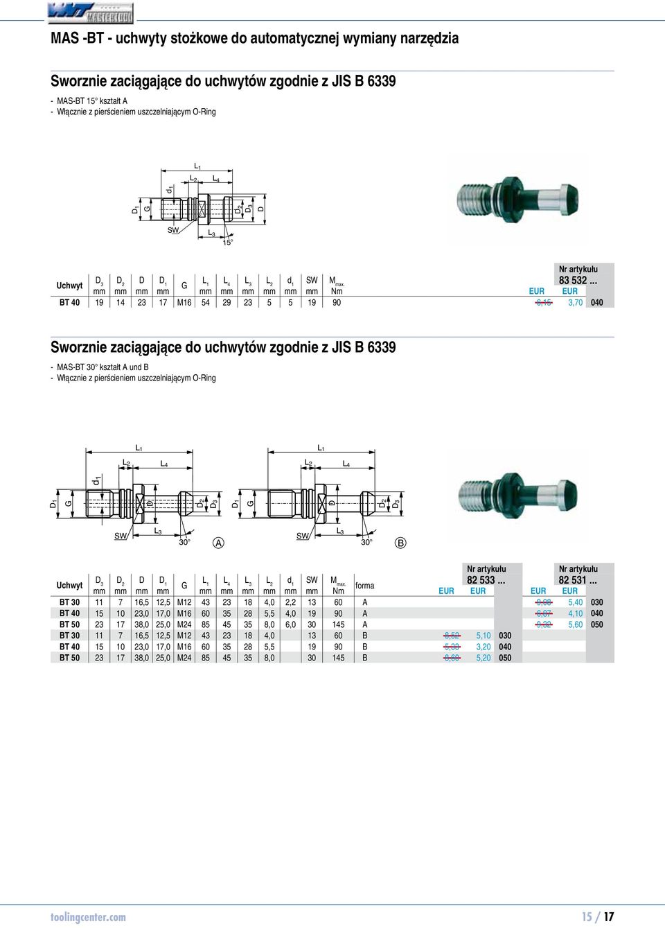 .. mm mm mm mm mm mm mm mm mm mm Nm EUR EUR BT 40 19 14 23 17 M16 54 29 23 5 5 19 90 6,15 3,70 83532040 Sworznie zaciągające do uchwytów zgodnie z JIS B 6339 MS-BT 30 kształt und B Włącznie z