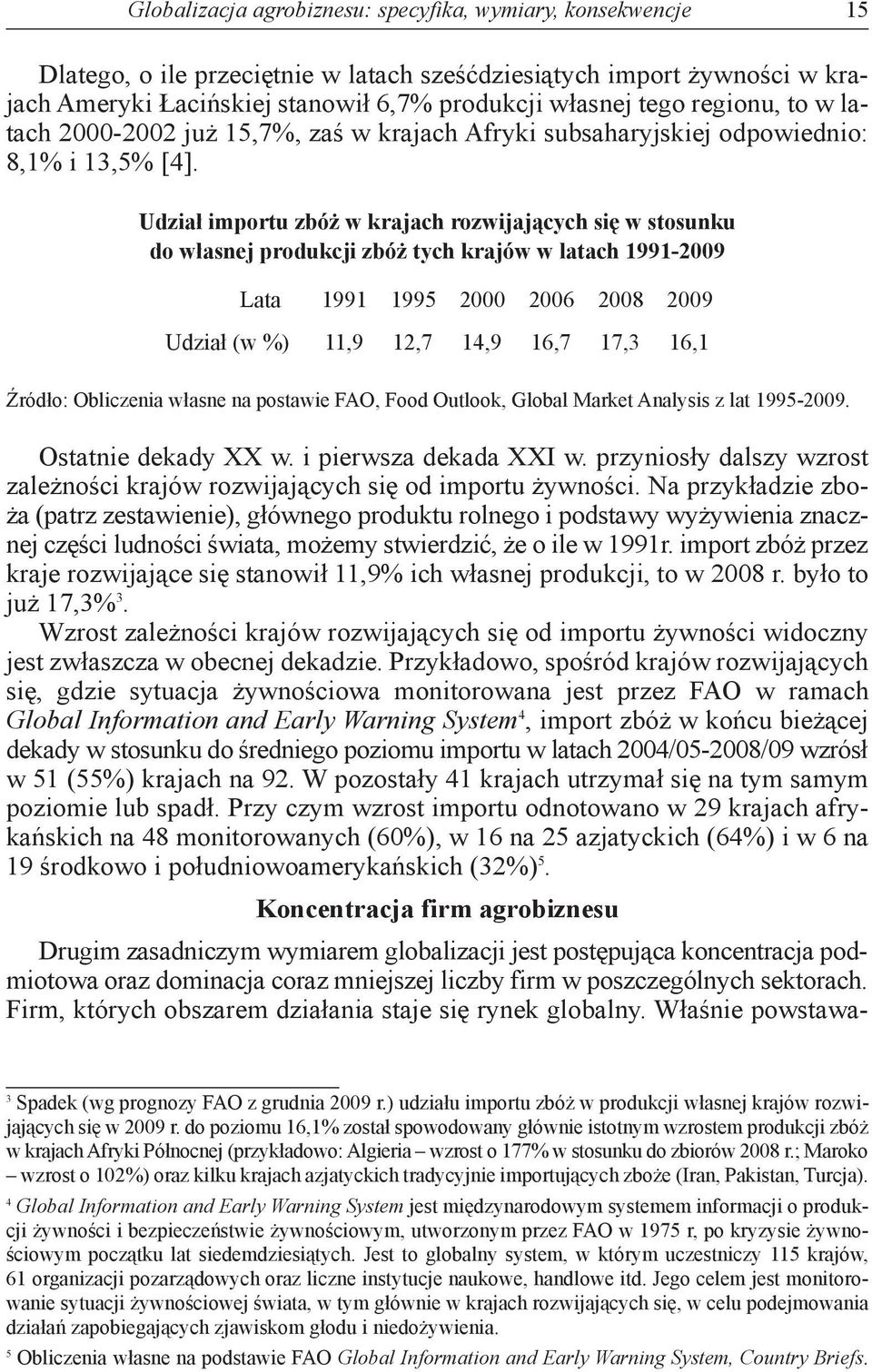 Udział importu zbóż w krajach rozwijających się w stosunku do własnej produkcji zbóż tych krajów w latach 1991-2009 Lata 1991 1995 2000 2006 2008 2009 Udział (w %) 11,9 12,7 14,9 16,7 17,3 16,1