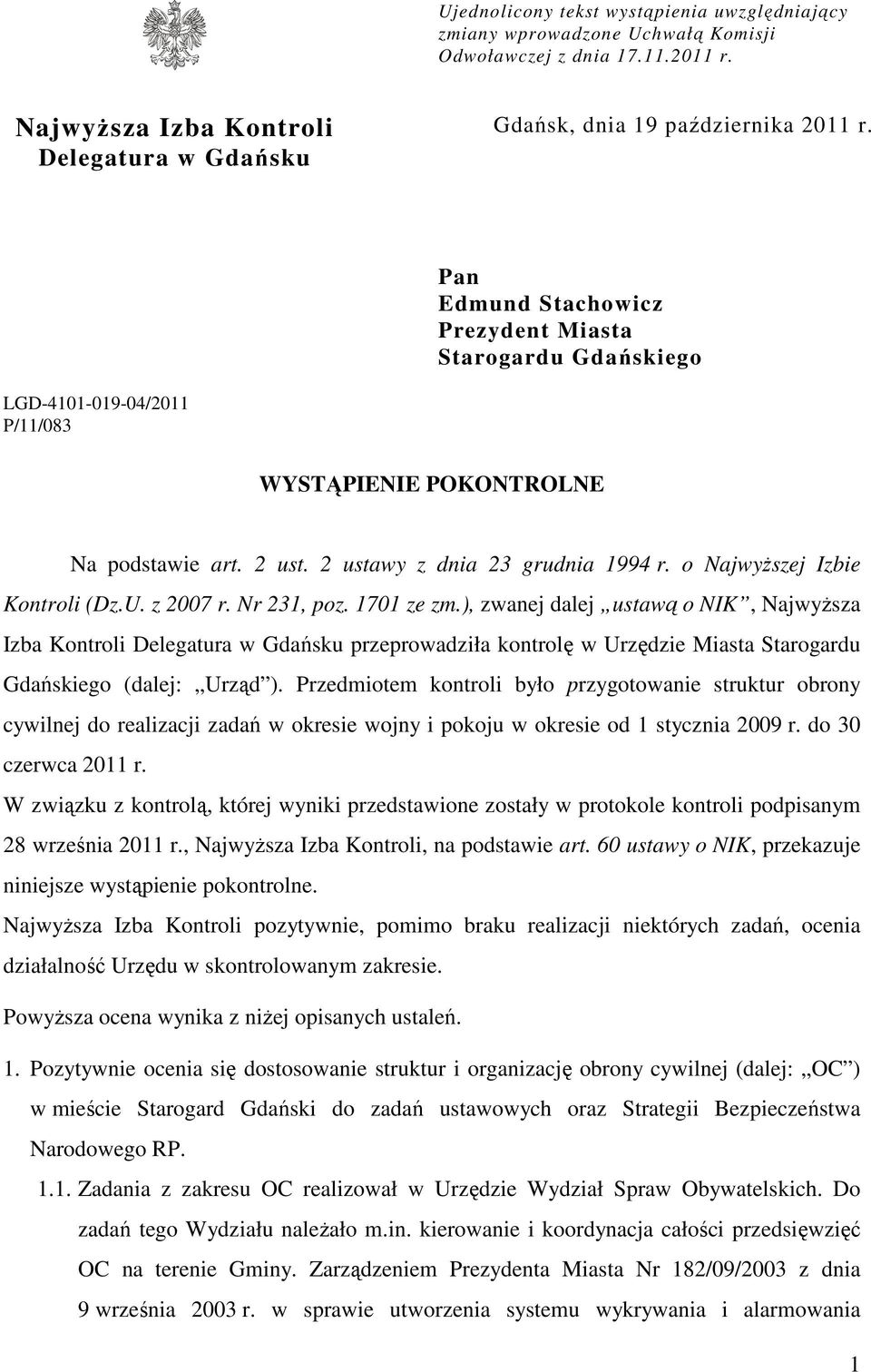 o Najwyższej Izbie Kontroli (Dz.U. z 2007 r. Nr 231, poz. 1701 ze zm.