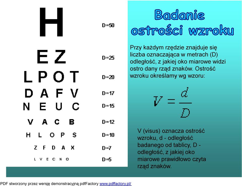 Ostrość wzroku określamy wg wzoru: V (visus) oznacza ostrość wzroku, d -