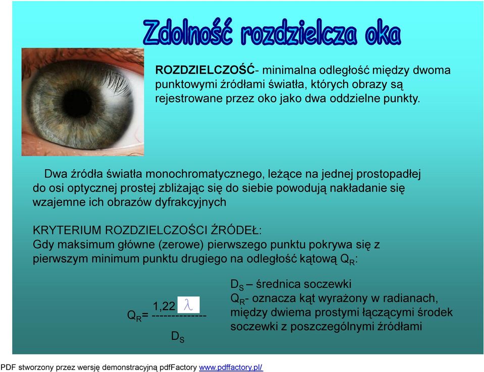 obrazów dyfrakcyjnych KRYTERIUM ROZDZIELCZOŚCI ŹRÓDEŁ: Gdy maksimum główne (zerowe) pierwszego punktu pokrywa się z pierwszym minimum punktu drugiego na