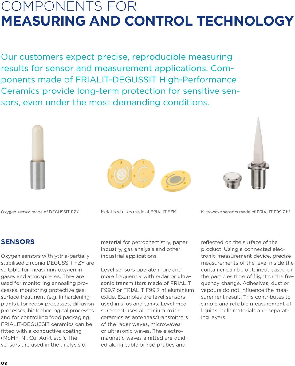 Oxygen sensor made of DEGUSSIT FZY Metallised discs made of FRIALIT FZM Microwave sensors made of FRIALIT F99.