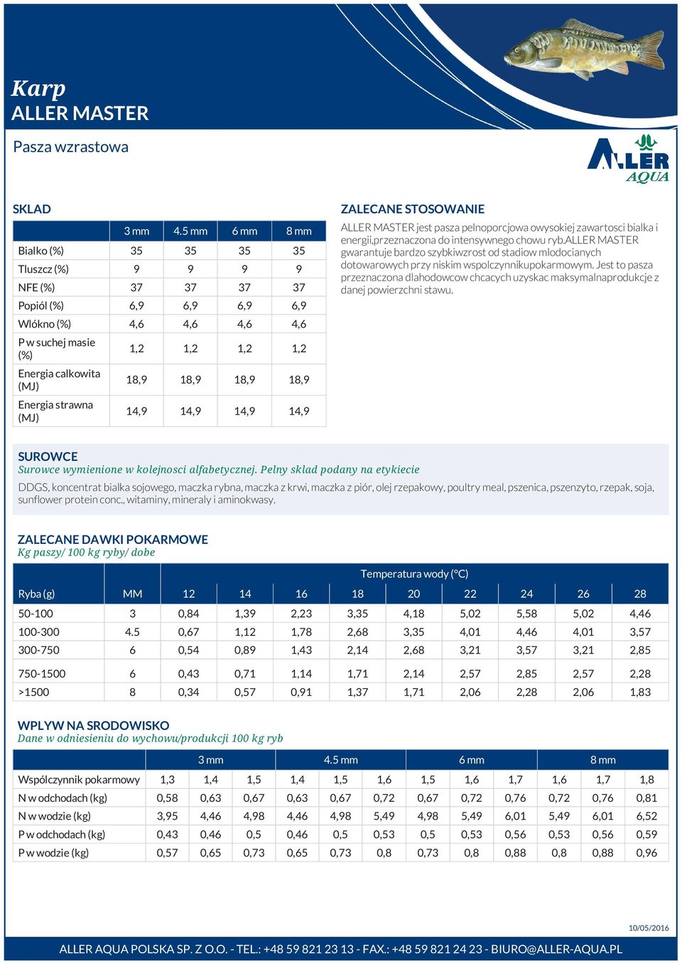 18,9 18,9 18,9 Energia strawna (MJ) 14,9 14,9 14,9 14,9 ZALECANE STOSOWANIE ALLER MASTER jest pasza pelnoporcjowa owysokiej zawartosci bialka i energii,przeznaczona do intensywnego chowu ryb.