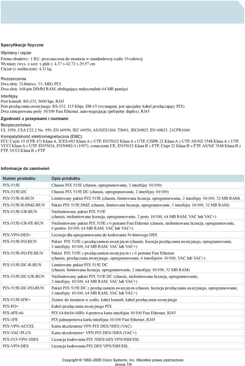 RS-232, 9600 bps, RJ45 Port przełączania awaryjnego: RS-232, 115 Kbps, DB-15 (wymagany jest specjalny kabel przełączający PIX) Dwa zintegrowane porty 10/100 Fast Ethernet, auto-negocjacje (pół/pełny