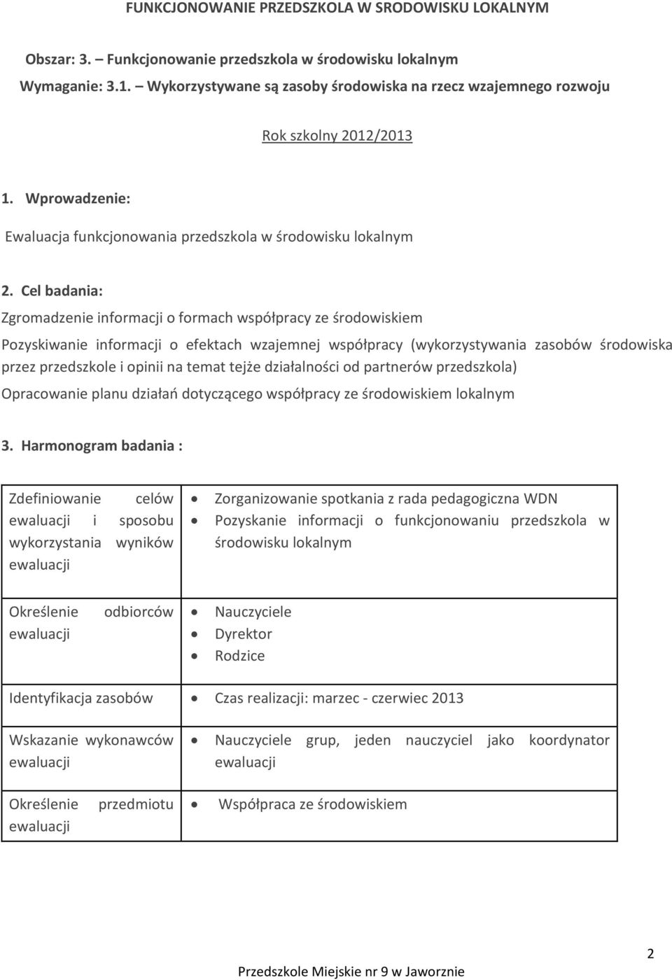 Cel badania: Zgromadzenie informacji o formach współpracy ze środowiskiem Pozyskiwanie informacji o efektach wzajemnej współpracy (wykorzystywania zasobów środowiska przez przedszkole i opinii na