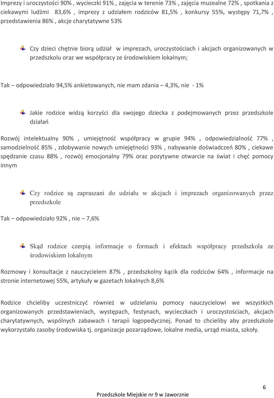 odpowiedziało 94,5% ankietowanych, nie mam zdania 4,3%, nie - 1% Jakie rodzice widzą korzyści dla swojego dziecka z podejmowanych przez przedszkole działań Rozwój intelektualny 90%, umiejętność