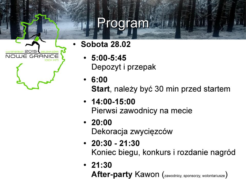 startem 14:00-15:00 Pierwsi zawodnicy na mecie 20:00 Dekoracja