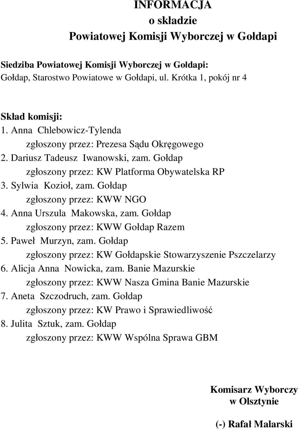 Anna Urszula Makowska, zam. Go dap zg oszony przez: KWW Go dap Razem 5. Pawe Murzyn, zam. Go dap zg oszony przez: KW Go dapskie Stowarzyszenie Pszczelarzy 6.