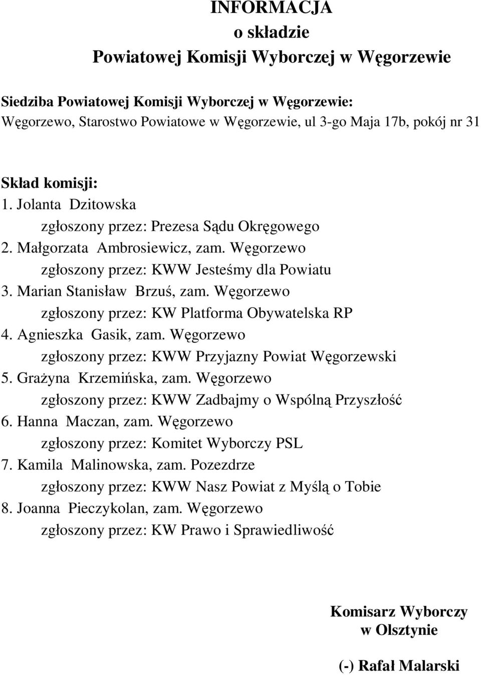 Marian Stanis aw Brzu, zam. W gorzewo 4. Agnieszka Gasik, zam. W gorzewo zg oszony przez: KWW Przyjazny Powiat W gorzewski 5. Gra yna Krzemi ska, zam.