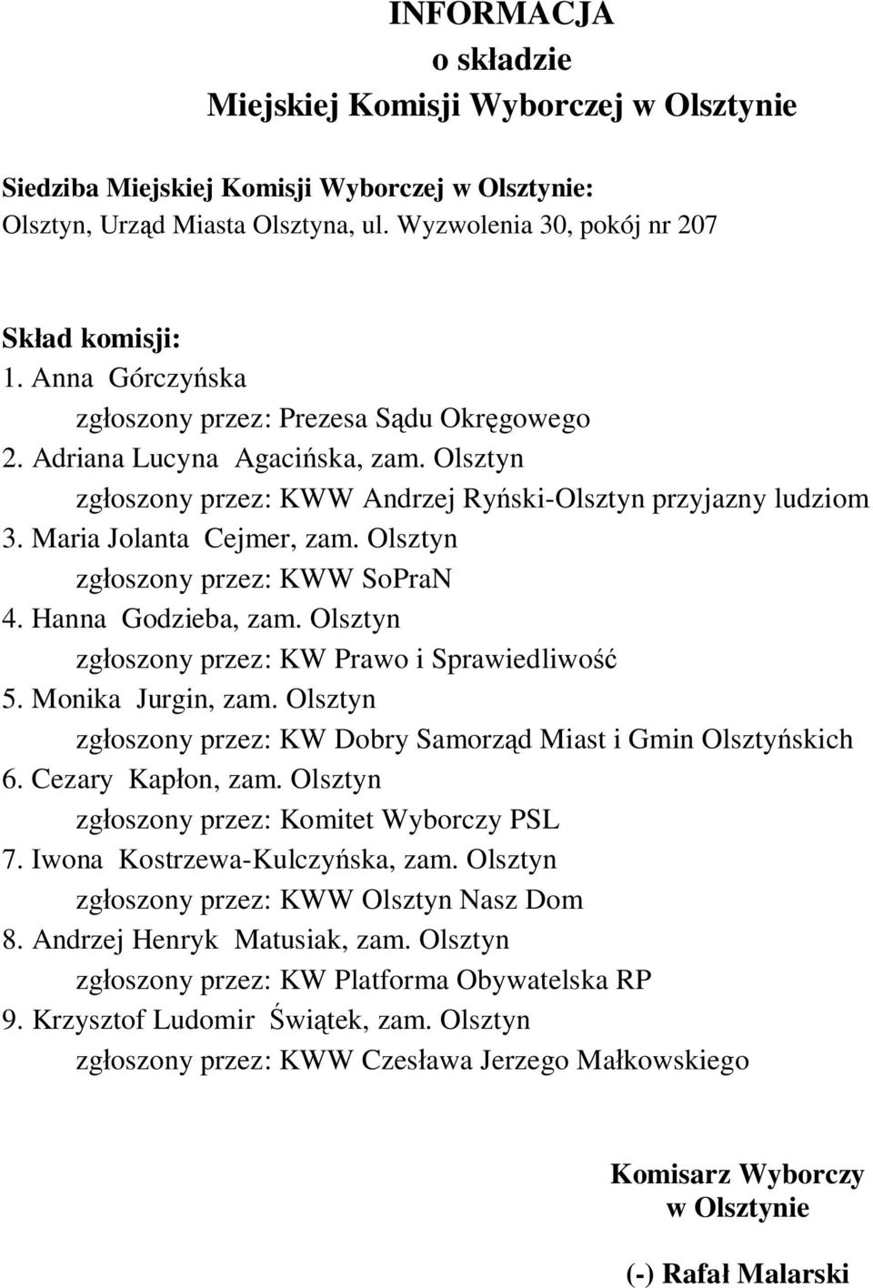 Maria Jolanta Cejmer, zam. Olsztyn zg oszony przez: KWW SoPraN 4. Hanna Godzieba, zam. Olsztyn 5. Monika Jurgin, zam.