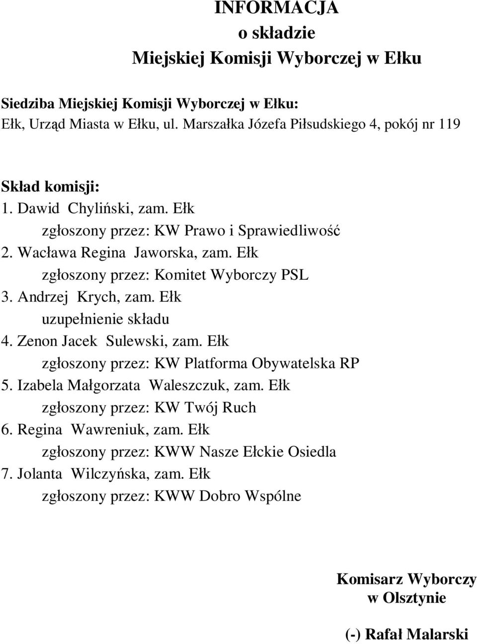 Andrzej Krych, zam. E k 4. Zenon Jacek Sulewski, zam. E k 5. Izabela Ma gorzata Waleszczuk, zam.