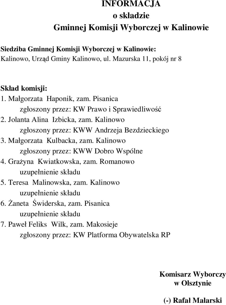 Kalinowo zg oszony przez: KWW Andrzeja Bezdzieckiego 3. Ma gorzata Kulbacka, zam.