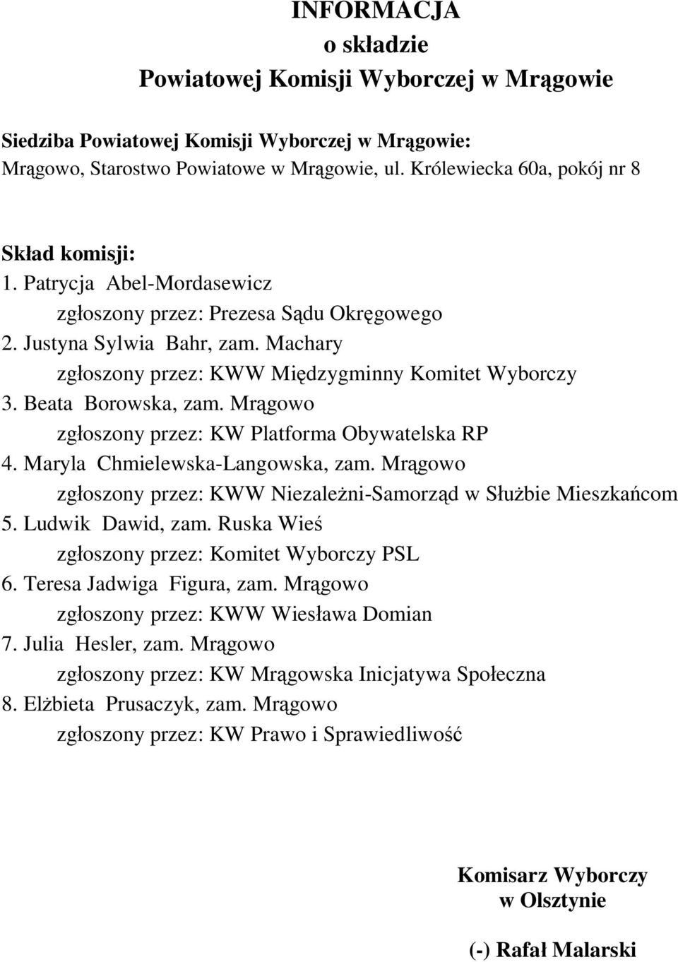 Beata Borowska, zam. Mr gowo 4. Maryla Chmielewska-Langowska, zam. Mr gowo zg oszony przez: KWW Niezale ni-samorz d w S bie Mieszka com 5. Ludwik Dawid, zam. Ruska Wie 6.