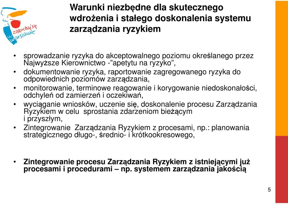 od zamierzeń i oczekiwań, wyciąganie wniosków, uczenie się, doskonalenie procesu Zarządzania Ryzykiem w celu sprostania zdarzeniom bieżącym i przyszłym, Zintegrowanie Zarządzania Ryzykiem z